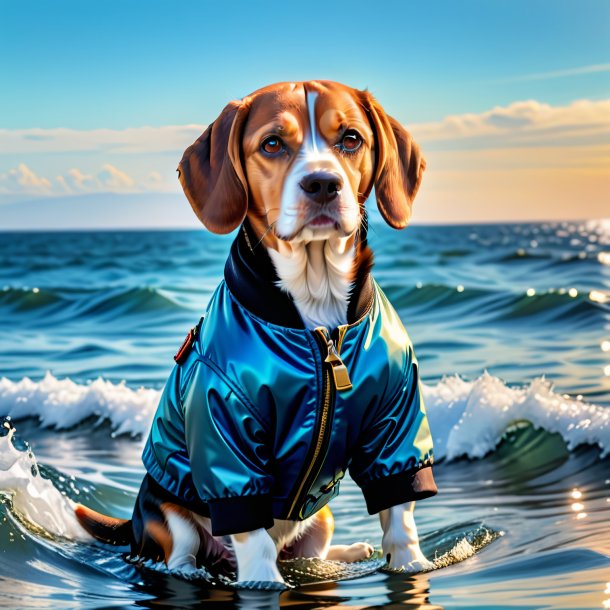 Imagen de un beagle en una chaqueta en el mar