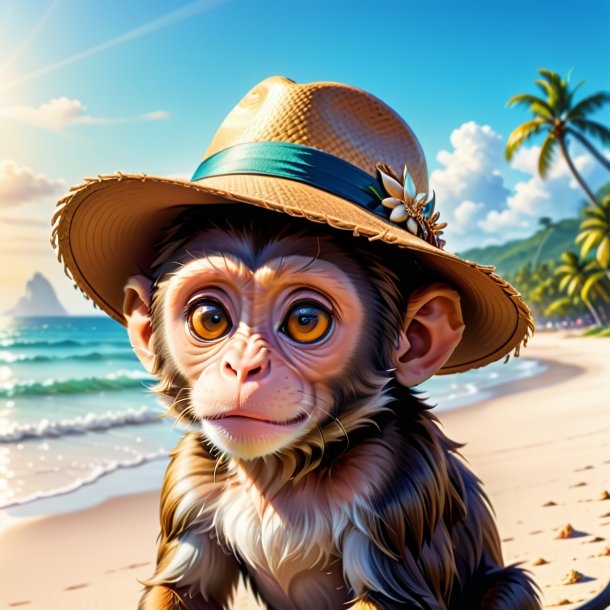 Ilustração de um macaco em um chapéu na praia