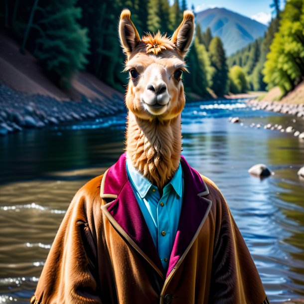 Image d'un lama dans un manteau dans la rivière