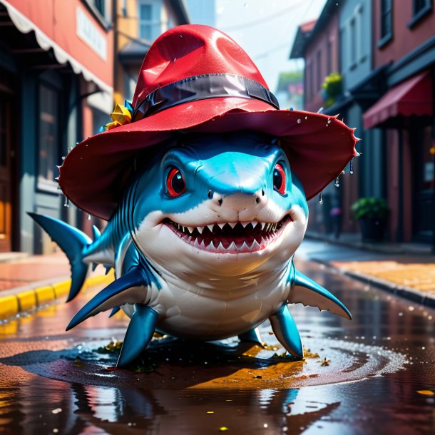 Foto de un tiburón en un sombrero en el charco