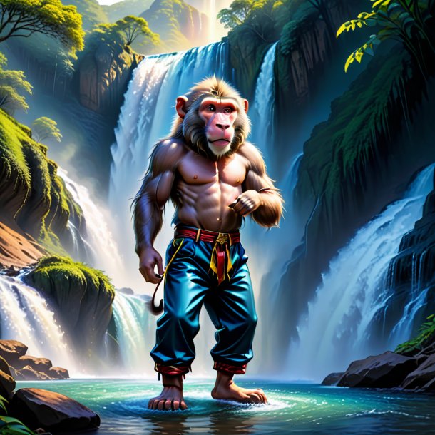 Drawing of a baboon in a trousers in the waterfall