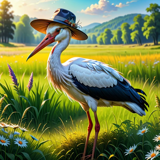 Drawing of a stork in a hat in the meadow