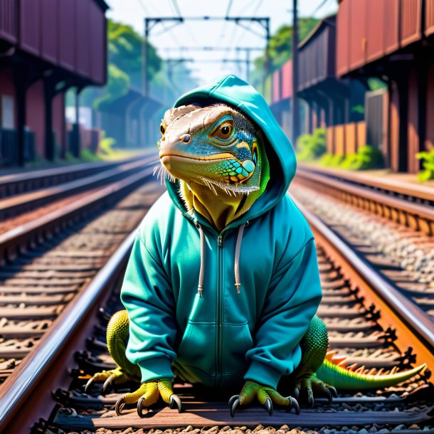 Foto de una iguana en una sudadera con capucha en las vías del tren