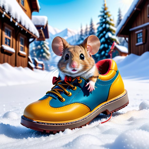 Photo of a mouse in a shoes in the snow