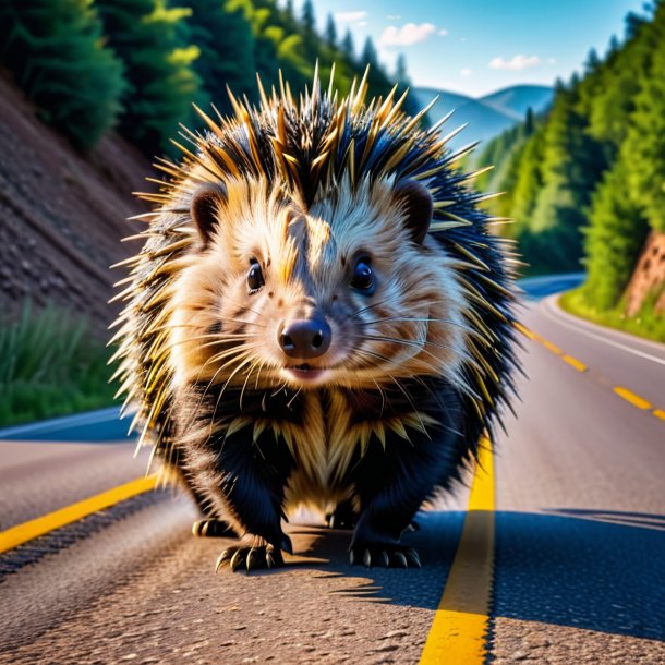 Imagem de um porco-espinho em um cinto na estrada