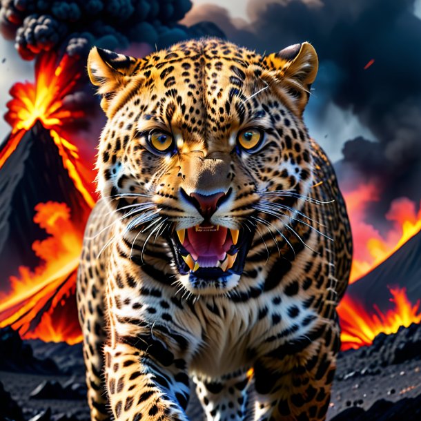 Uma foto de um leopardo furioso no vulcão