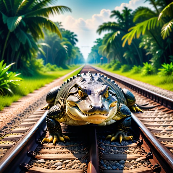 Picture of a waiting of a alligator on the railway tracks