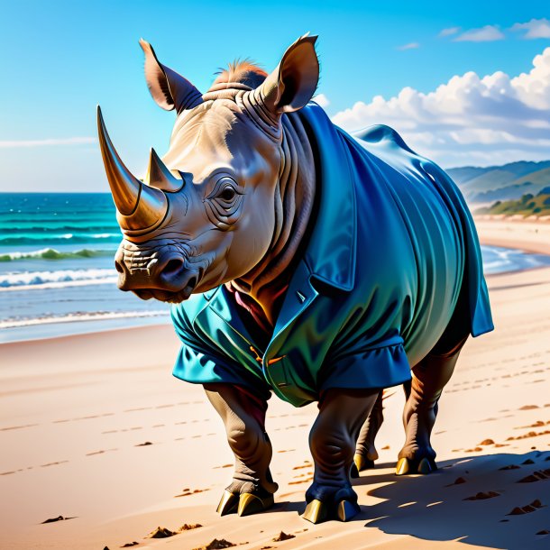 Pic of a rhinoceros in a coat on the beach