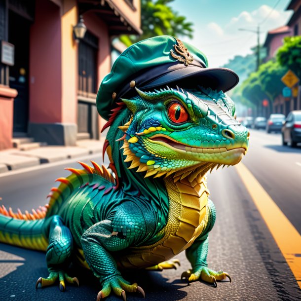 Picture of a basilisk in a cap on the road