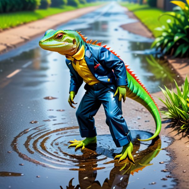 Imagem de um lagarto em uma calça na poça