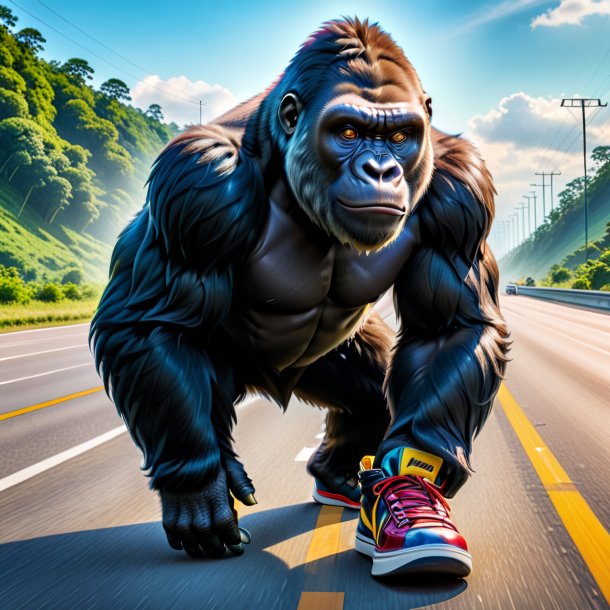 Pic of a gorilla in a shoes on the highway