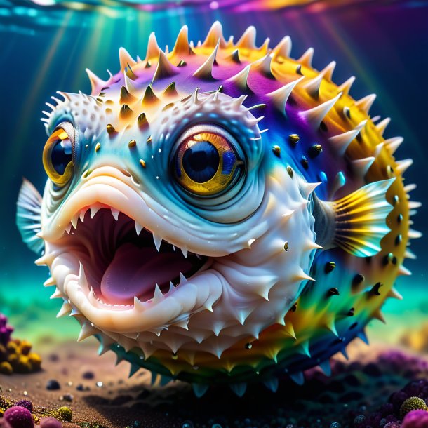 Image of a crying of a pufferfish on the rainbow