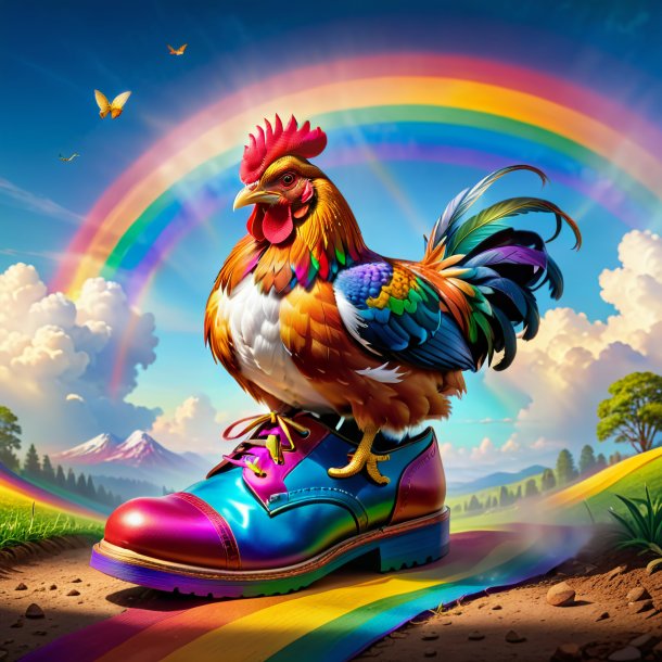 Foto de una gallina en zapatos en el arco iris