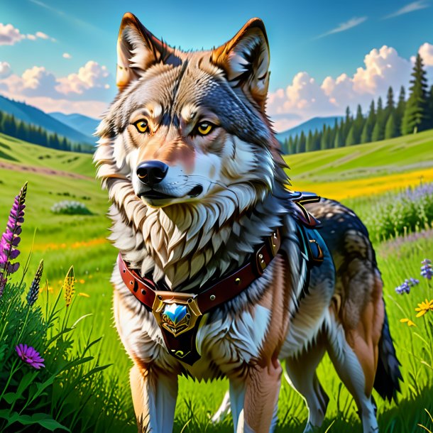 Pic of a wolf in a belt in the meadow