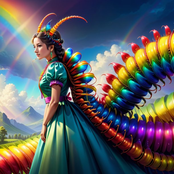 Illustration of a centipede in a dress on the rainbow