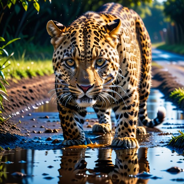 Foto de una comida de un leopardo en el charco