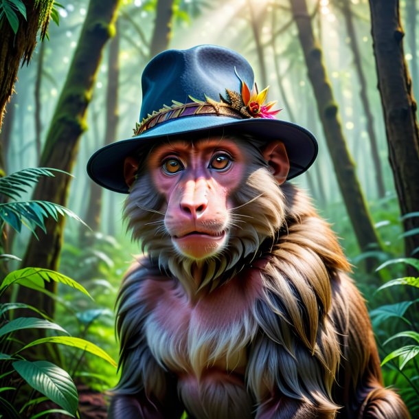 Image of a baboon in a hat in the forest