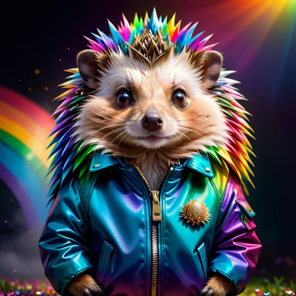 Drawing of a hedgehog in a jacket on the rainbow