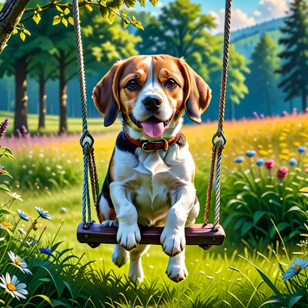 Picture of a swinging on a swing of a beagle in the meadow