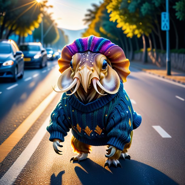 Image of a cuttlefish in a sweater on the road