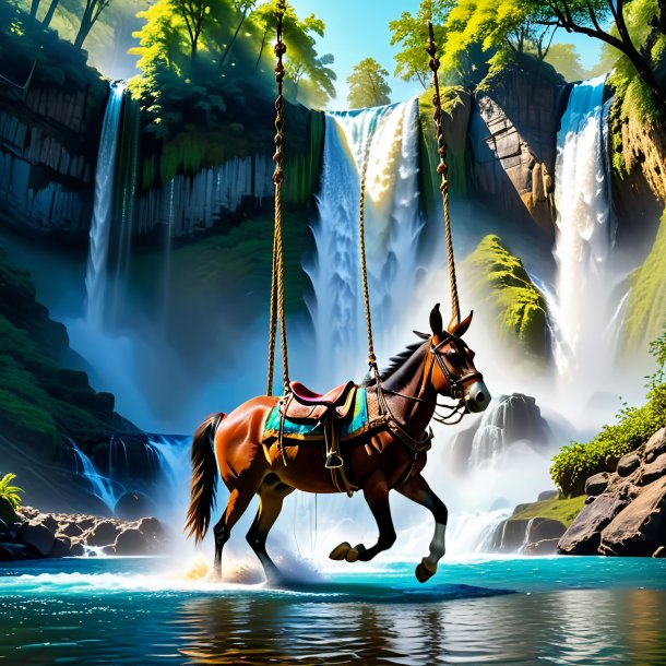 Pic of a swinging on a swing of a mule in the waterfall
