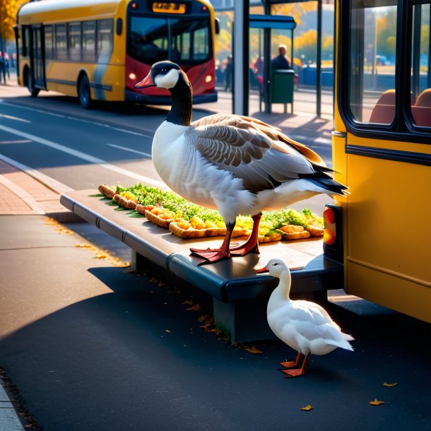 Imagem de um comer de um ganso no ponto de ônibus