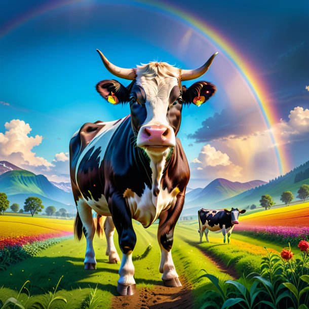 Image of a playing of a cow on the rainbow