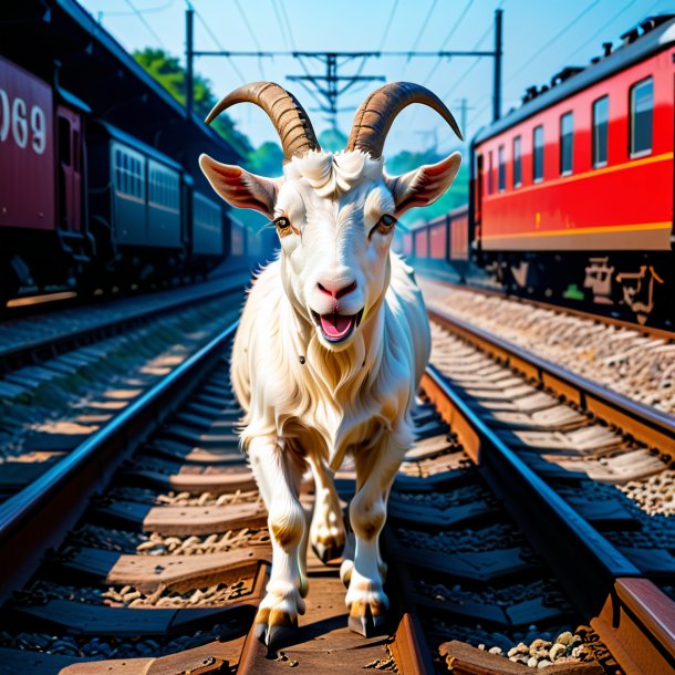 Image of a angry of a goat on the railway tracks