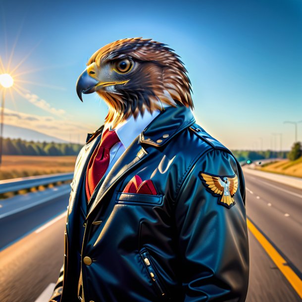 Foto de um falcão em uma jaqueta na estrada