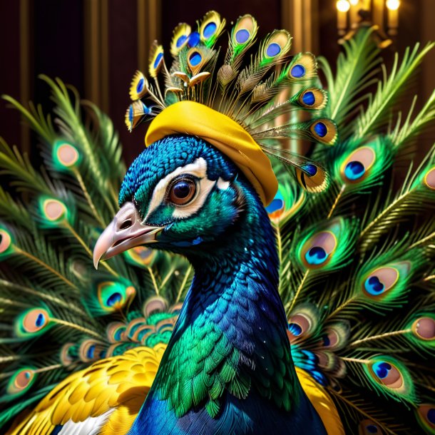 Imagen de un pavo real en un gorro amarillo