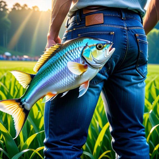 Foto de un pez en un jeans en el campo