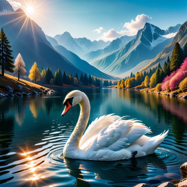 Photo of a swimming of a swan in the mountains