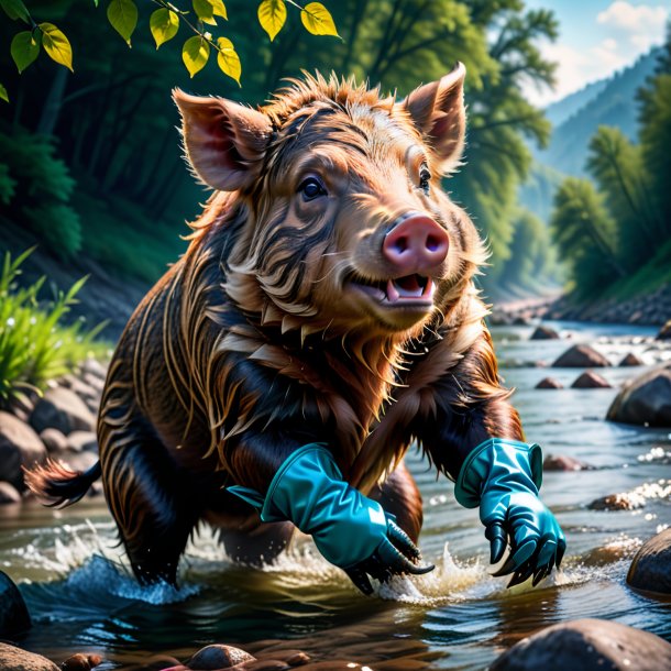 Photo of a boar in a gloves in the river