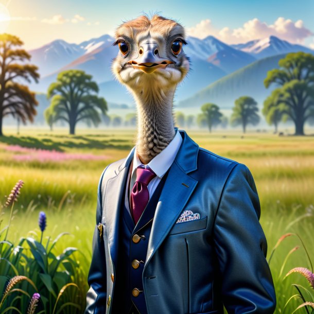 Picture of a ostrich in a jacket in the meadow