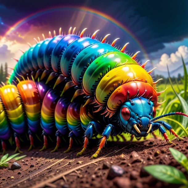 Pic d'une menace d'un centipede sur l'arc-en-ciel