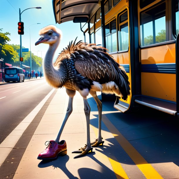 Foto de un avestruz en zapatos en la parada de autobús