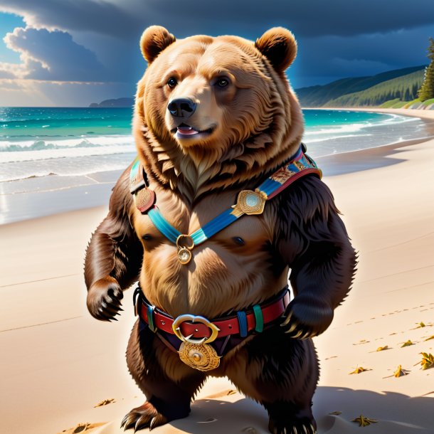 Picture of a bear in a belt on the beach