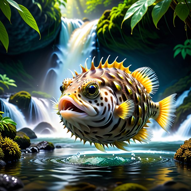 Image of a playing of a pufferfish in the waterfall