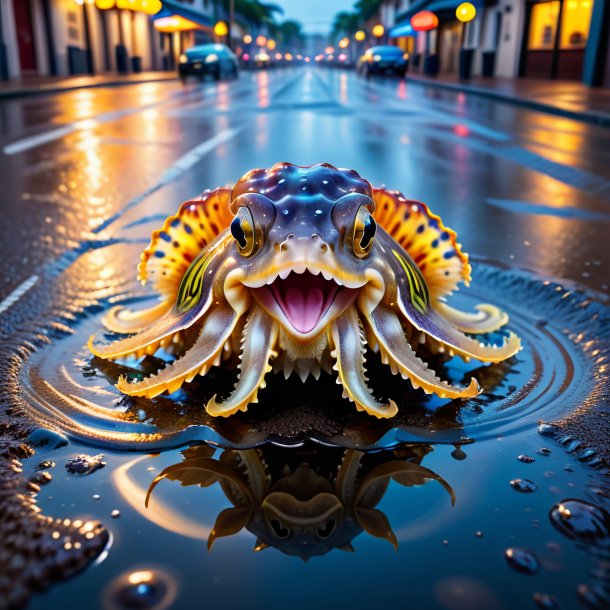 Picture of a smiling of a cuttlefish in the puddle