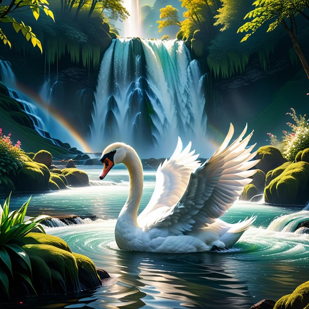 Foto de um jogo de um cisne na cachoeira