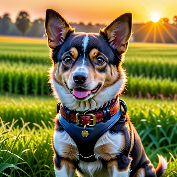 Foto de un perro en un cinturón en el campo