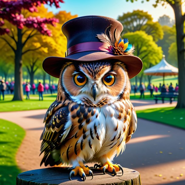 Pic of a owl in a hat in the park