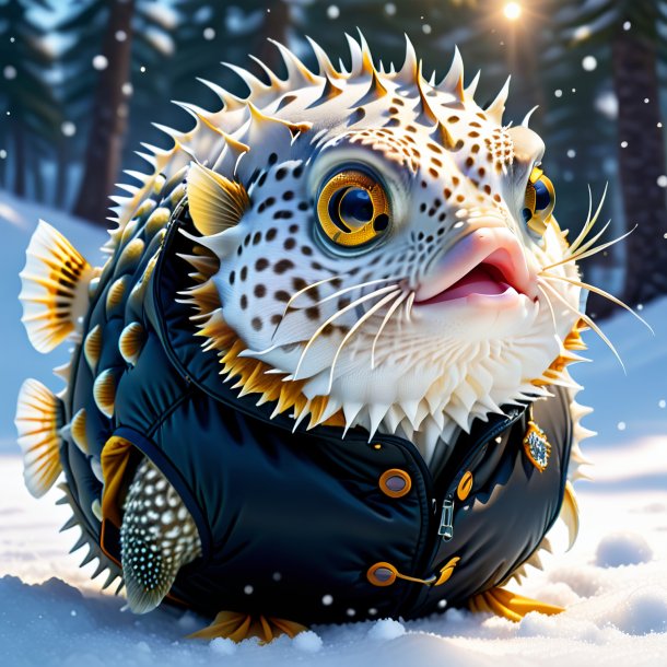 Drawing of a pufferfish in a vest in the snow