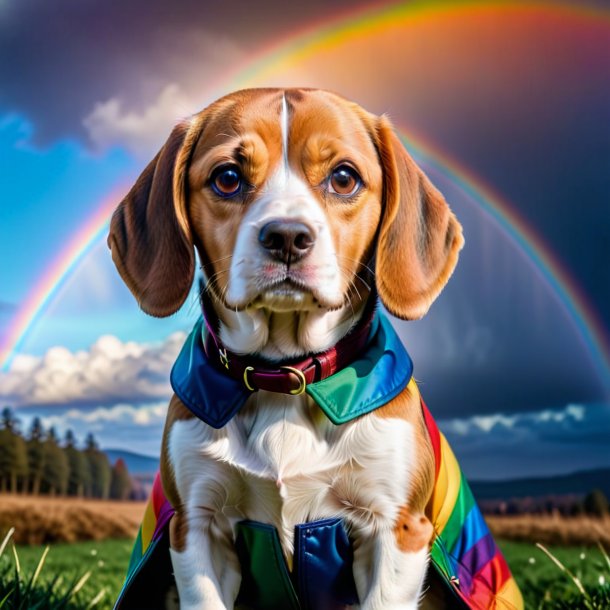 Foto de um beagle em um casaco no arco-íris