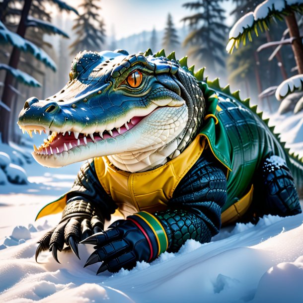 Image of a crocodile in a gloves in the snow