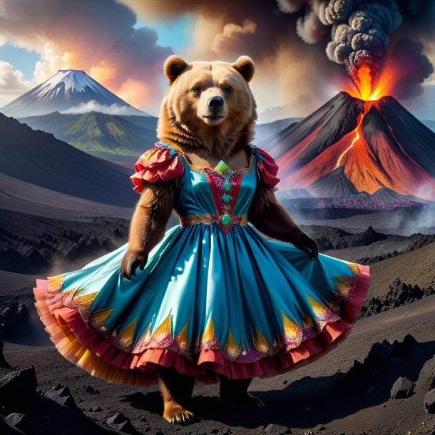 Image of a bear in a dress in the volcano