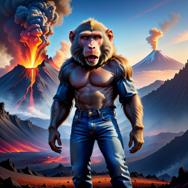 Illustration of a baboon in a jeans in the volcano