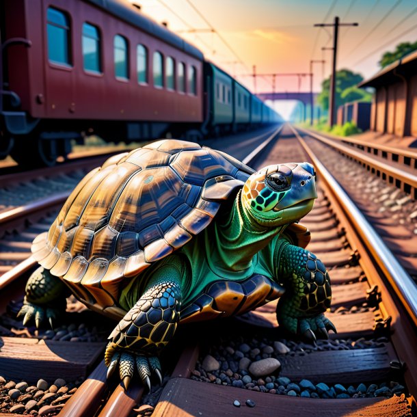 Foto de la tortuga en los guantes sobre las vías del ferrocarril