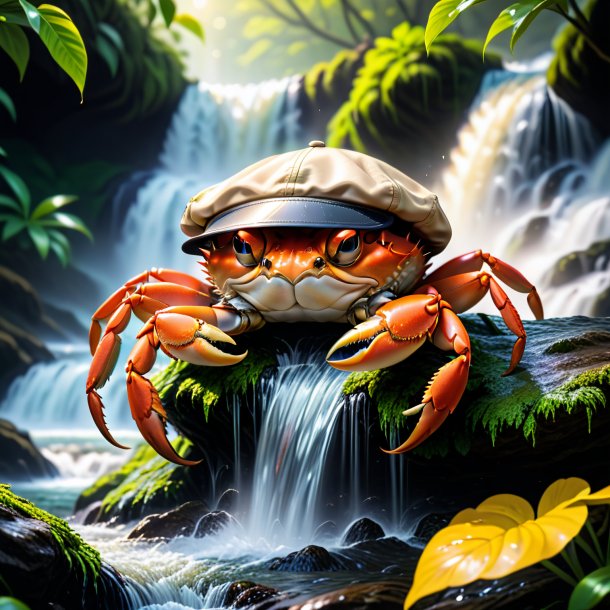 Picture of a crab in a cap in the waterfall