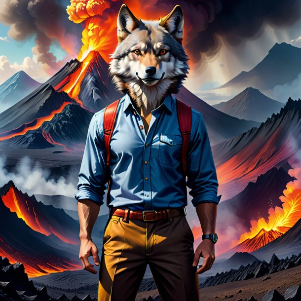 Drawing of a wolf in a trousers in the volcano